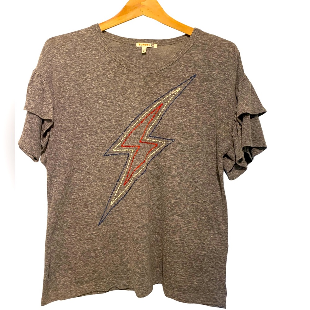Sundry Embroidered Lightning Bolt Ruffle Sleeve Top